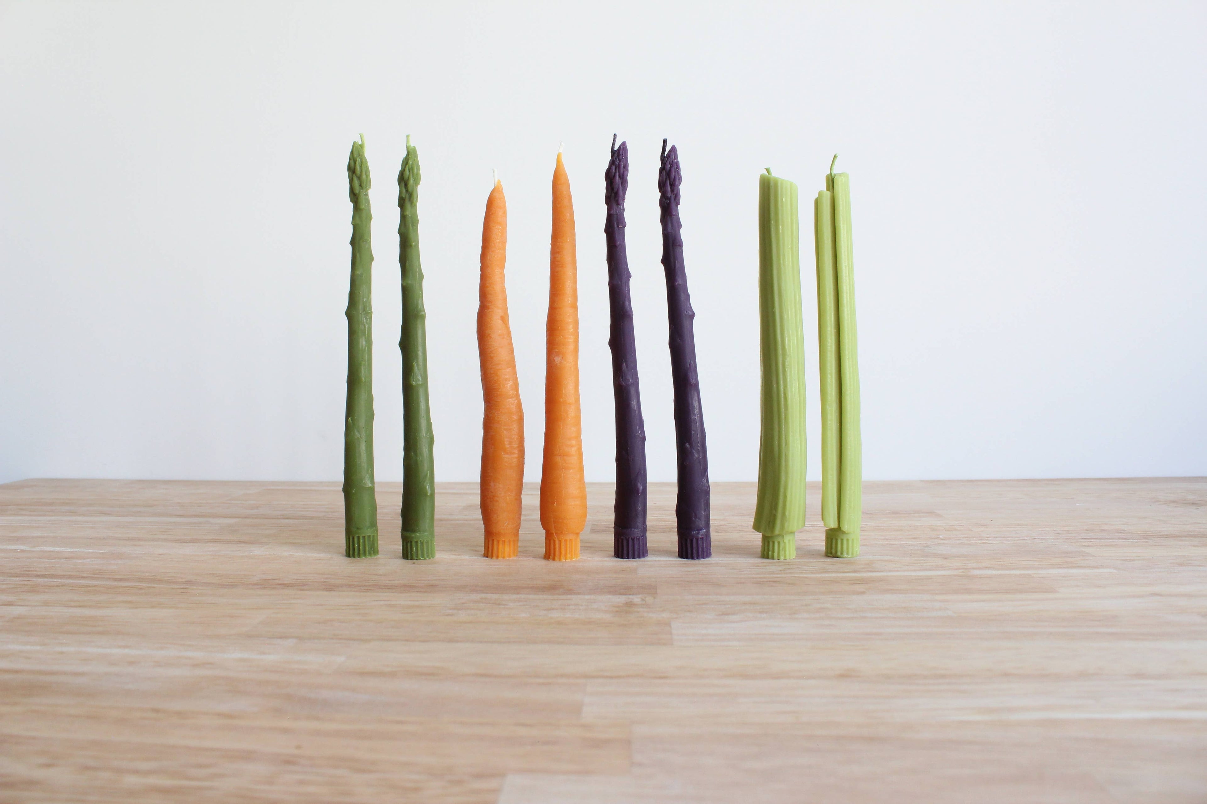 Purple Asparagus Beeswax Candle Taper Pair — detail view