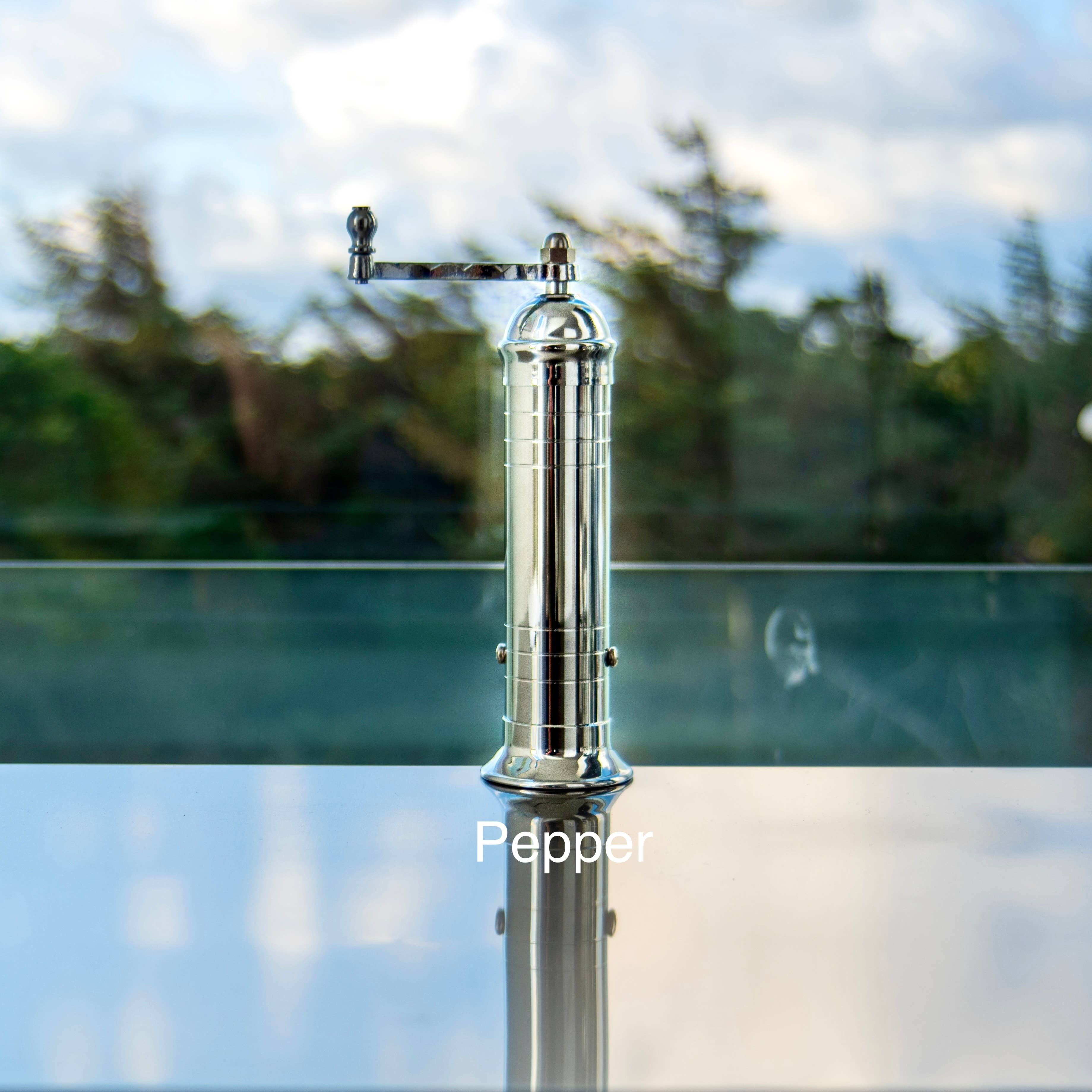 The original 'Chrome Mill' - polished 9" pepper grinder — styled