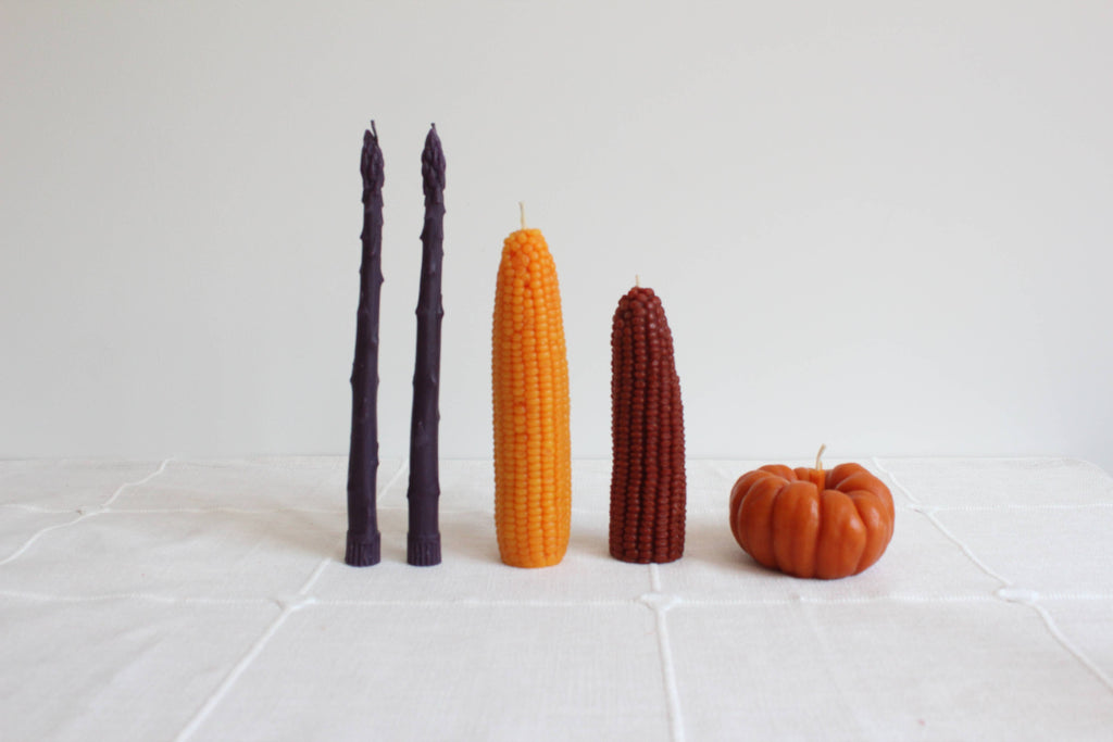 Purple Asparagus Beeswax Candle Taper Pair — styled