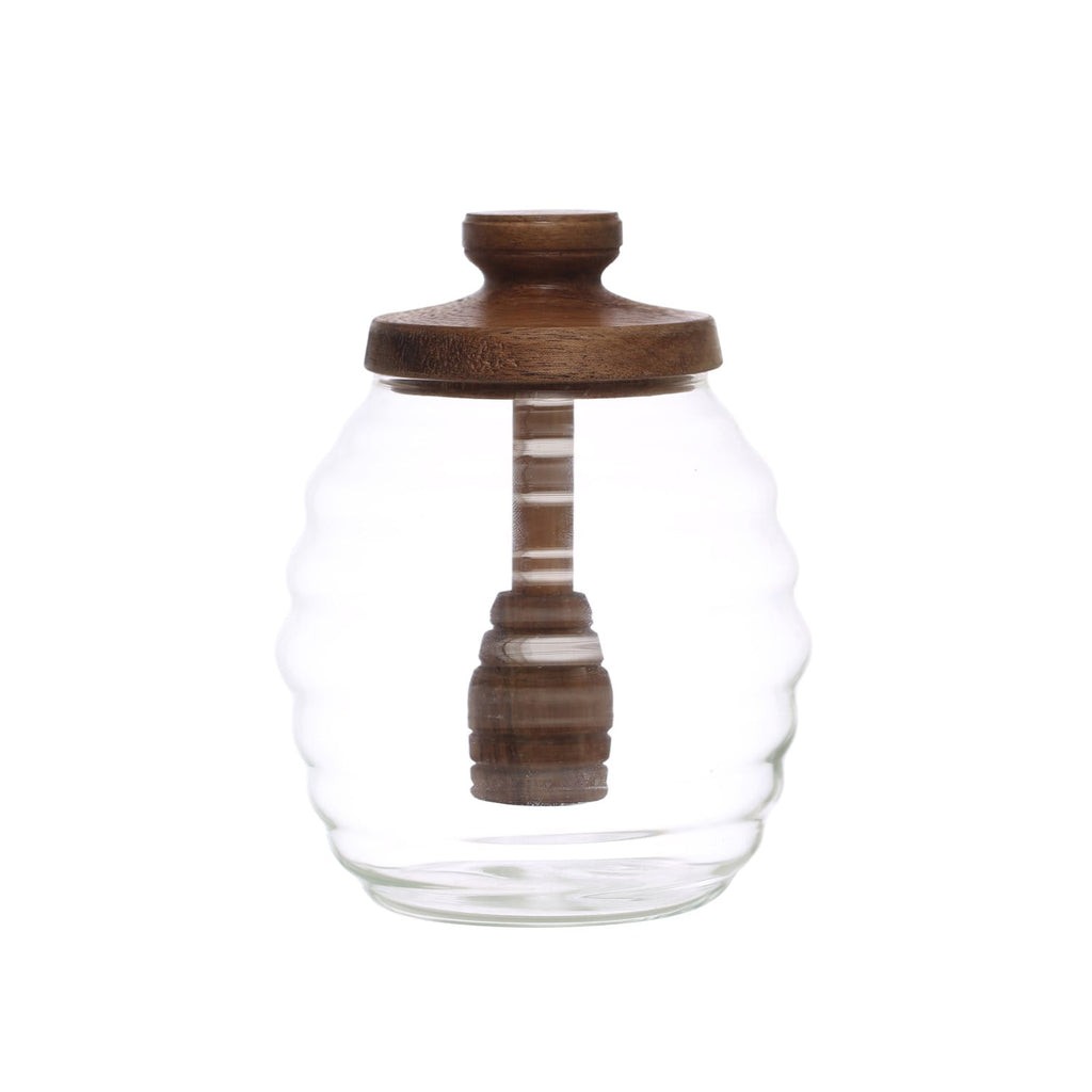 Pleated Glass Honey Jar with Acacia Lid & Dipper
