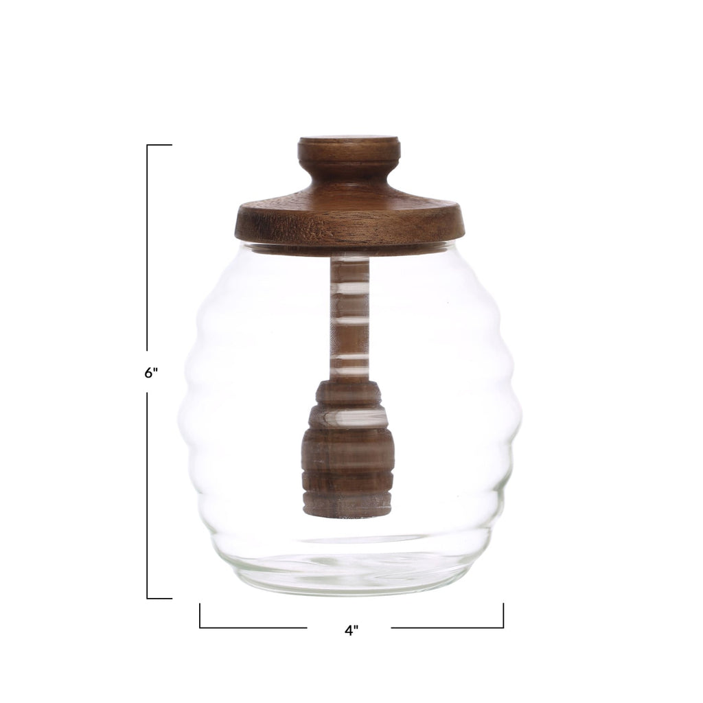 Pleated Glass Honey Jar with Acacia Lid & Dipper