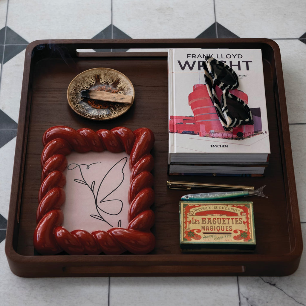 Ash Wood Tray with Handles, Walnut Finish
