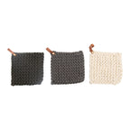 Square Cotton Crocheted Pot Holder with Leather Loop, Neutral