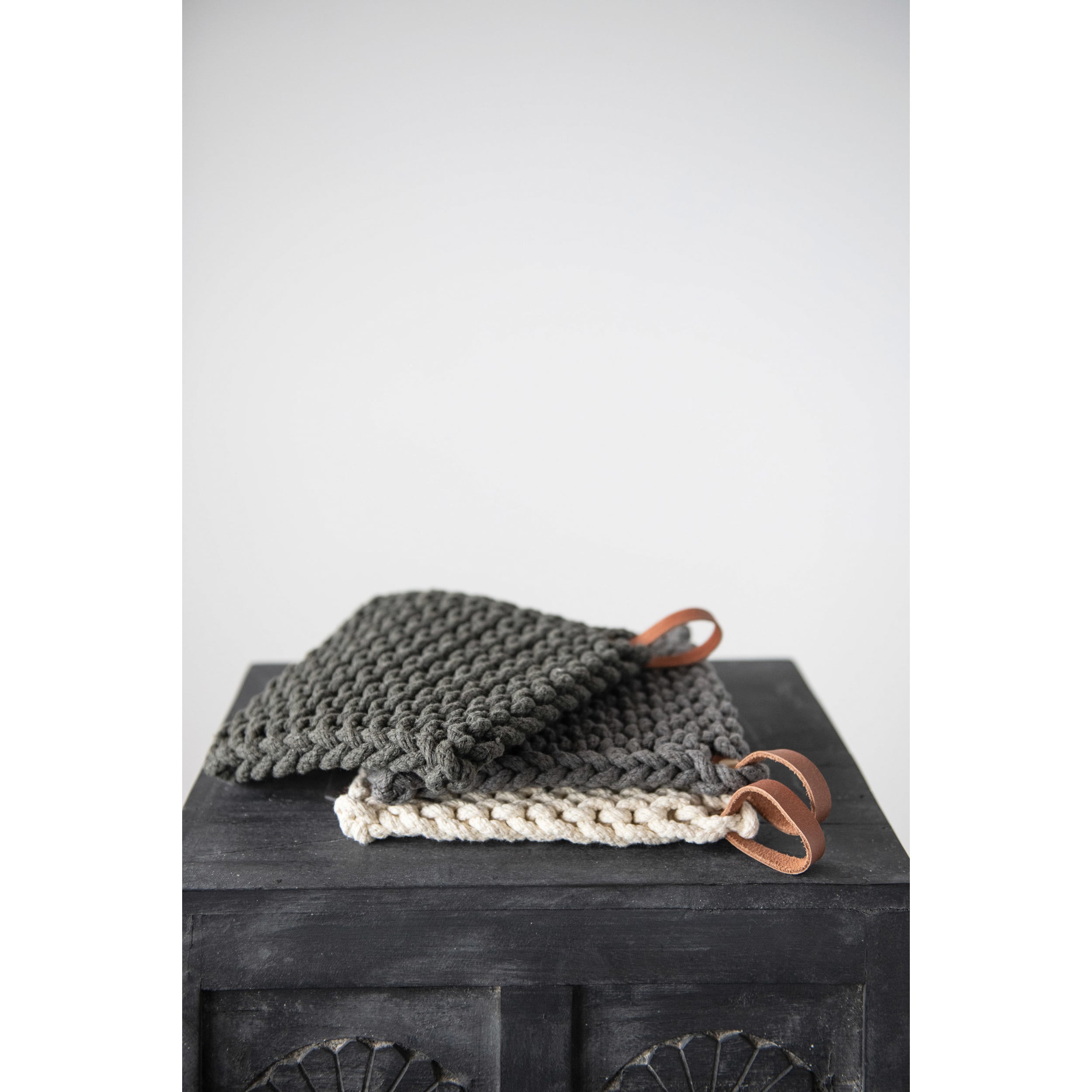 Square Cotton Crocheted Pot Holder with Leather Loop, Neutral
