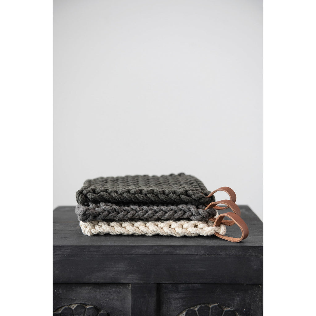 Square Cotton Crocheted Pot Holder with Leather Loop, Neutral