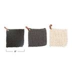 Square Cotton Crocheted Pot Holder with Leather Loop, Neutral