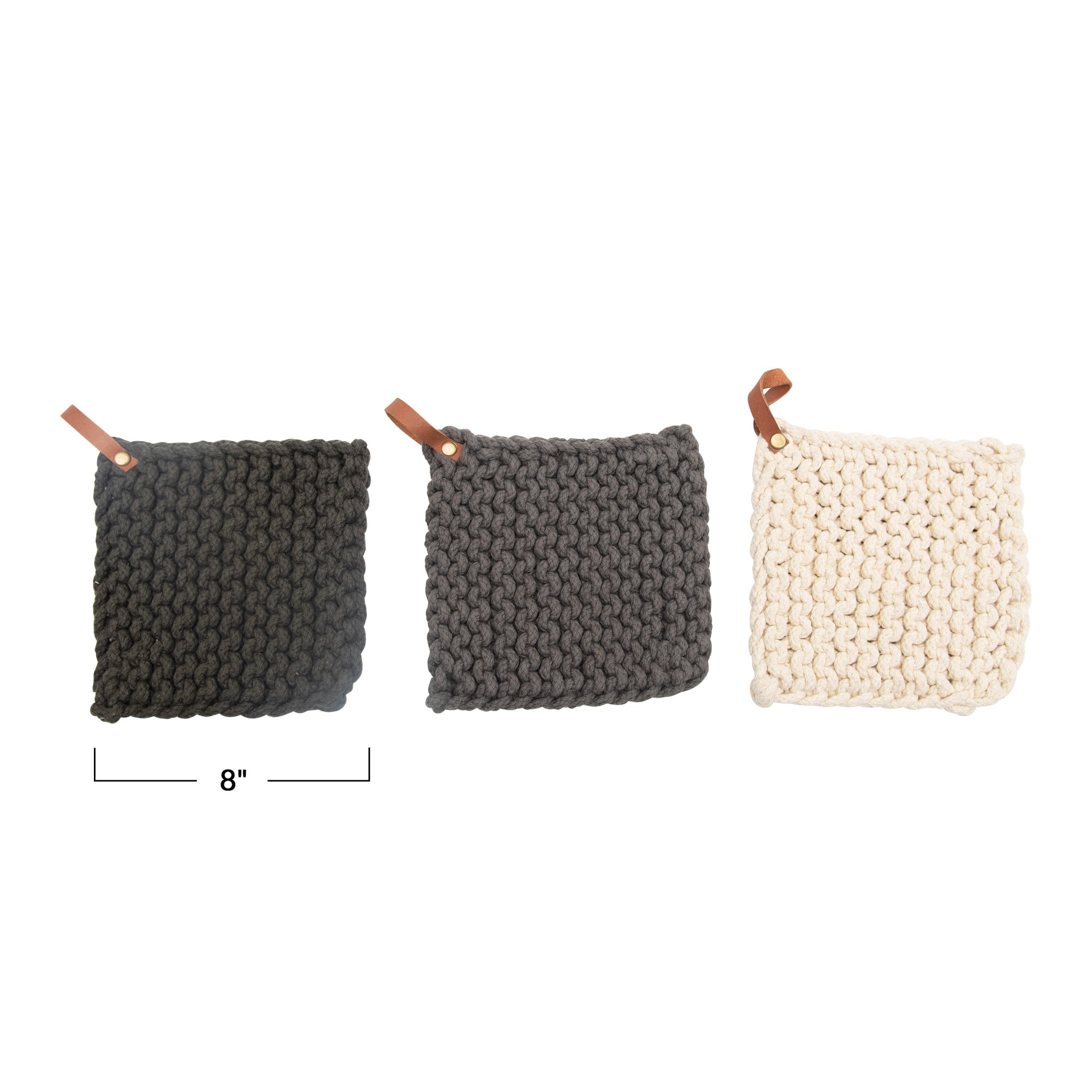 Square Cotton Crocheted Pot Holder with Leather Loop, Neutral