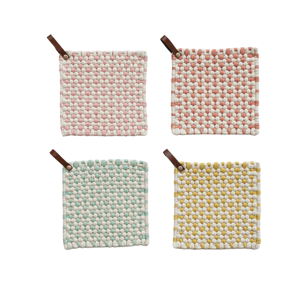 Square Cotton Crocheted Pot Holder with Leather Loop, Warm Colors
