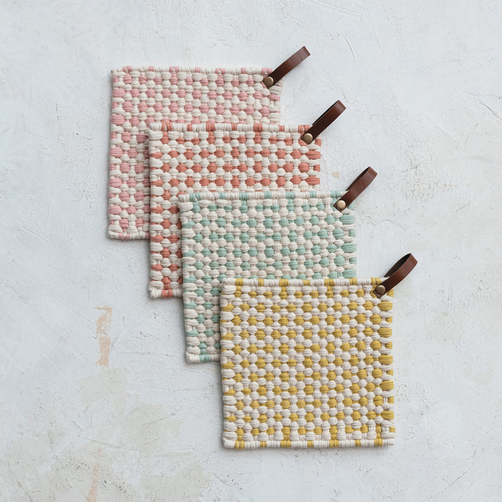 Square Cotton Crocheted Pot Holder with Leather Loop, Warm Colors