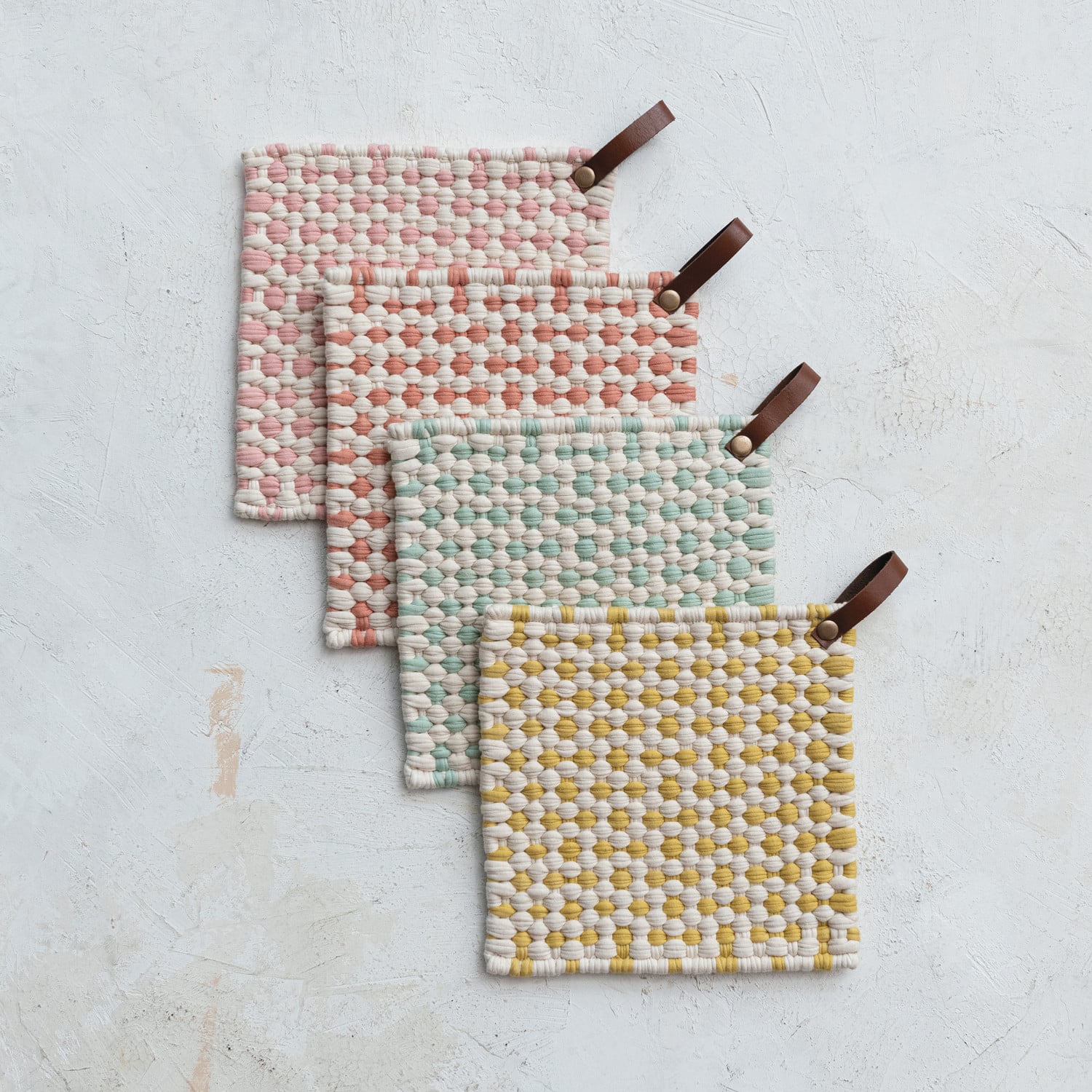 Square Cotton Crocheted Pot Holder with Leather Loop, Warm Colors