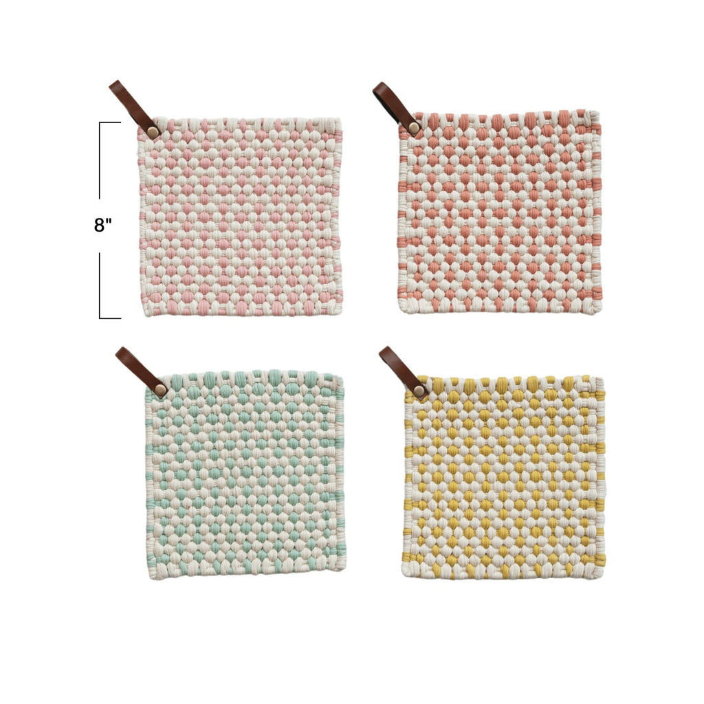 Square Cotton Crocheted Pot Holder with Leather Loop, Warm Colors