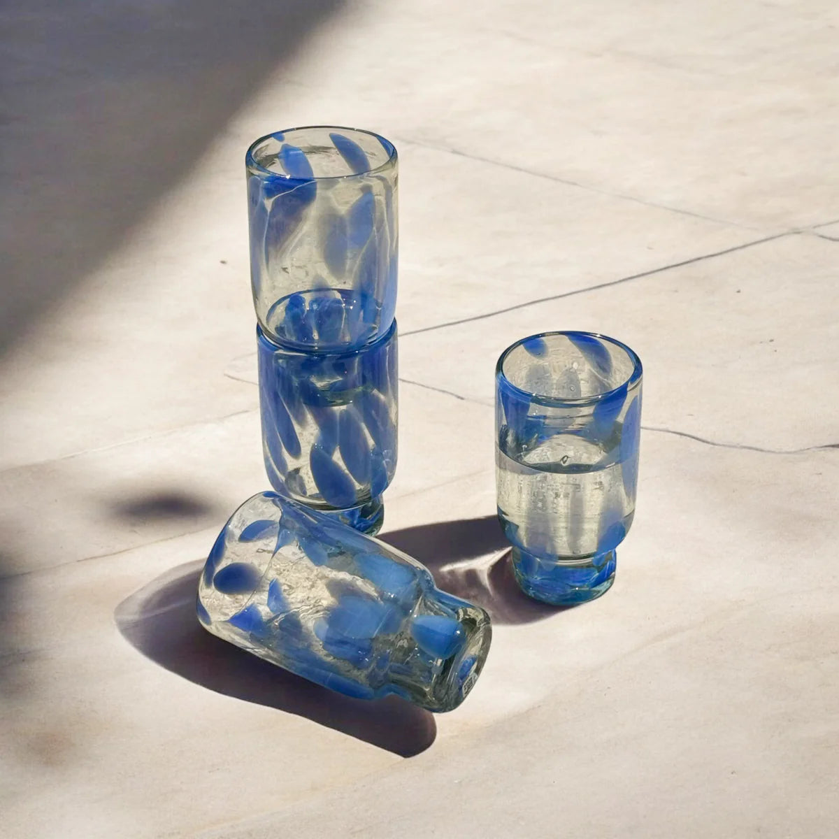 Set of 4 - Frida Tall Stackable Glass Blue & Clear