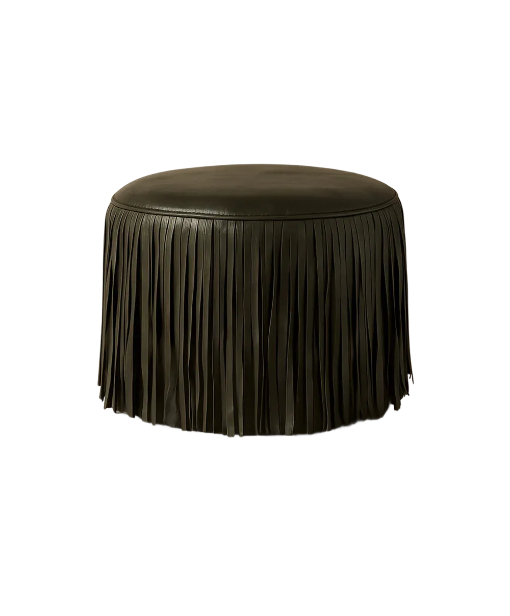 Kora Fringe Leather Ottoman - Olive