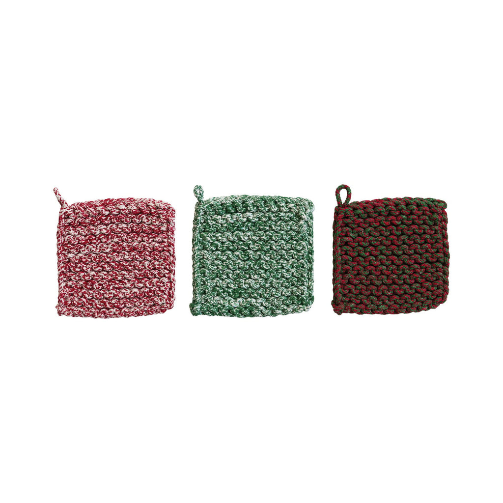 Melange Cotton Crocheted Pot Holder, Red, Green & Brown