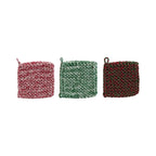 Melange Cotton Crocheted Pot Holder, Red, Green & Brown
