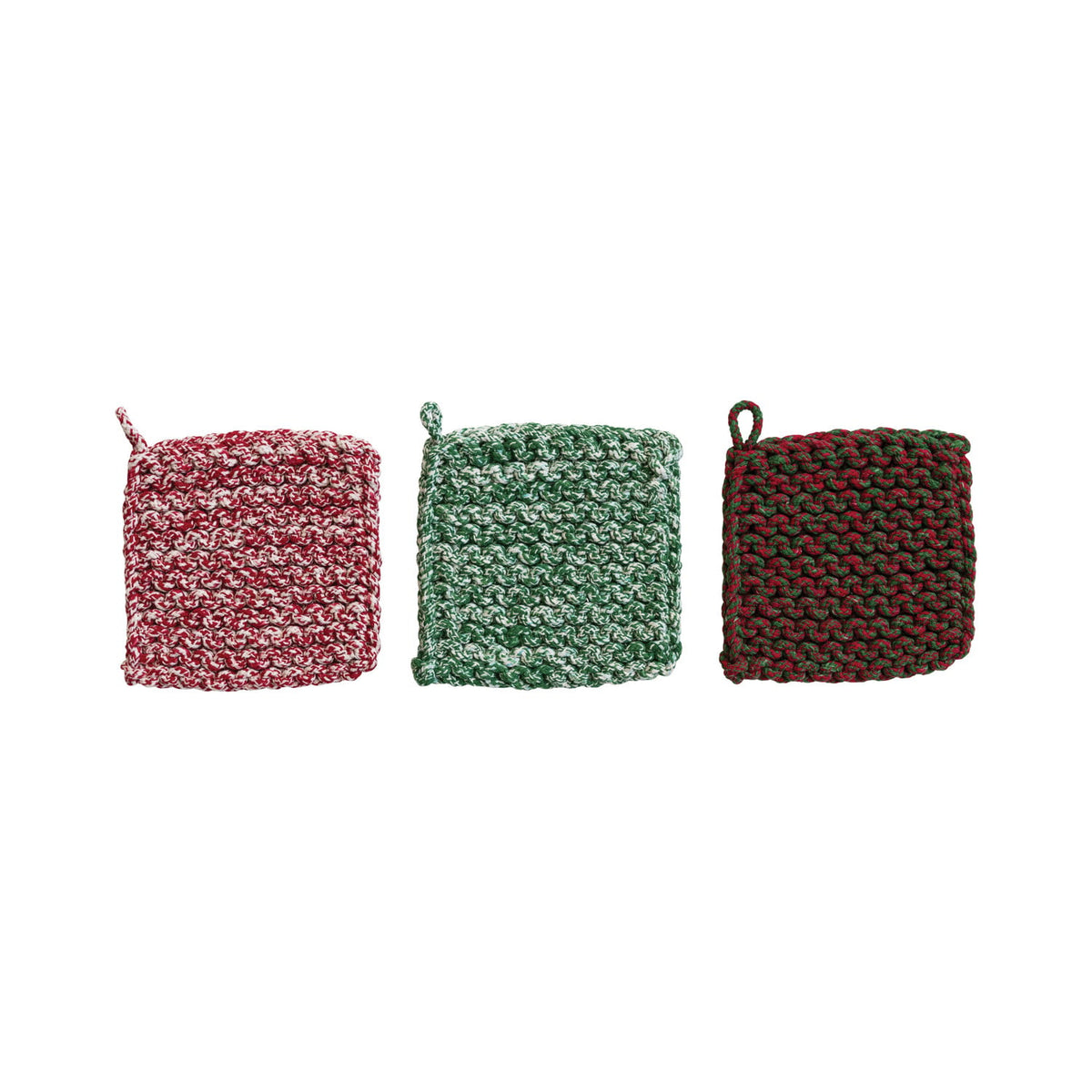 Melange Cotton Crocheted Pot Holder, Red, Green & Brown