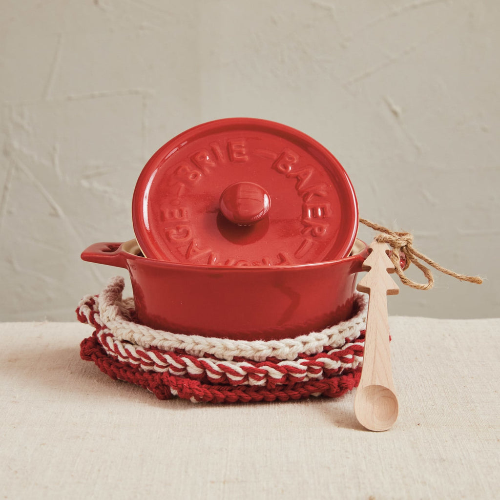 Stoneware Brie Baker with Lid & Tree-Shaped Wood Spoon, Red