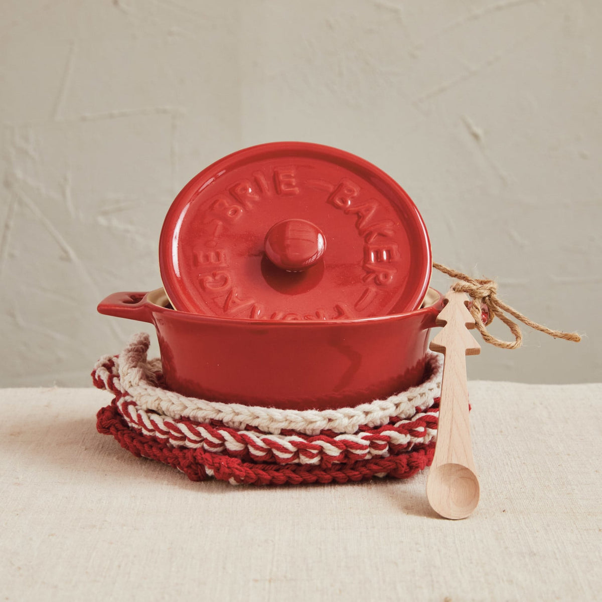 Stoneware Brie Baker with Lid & Tree-Shaped Wood Spoon, Red