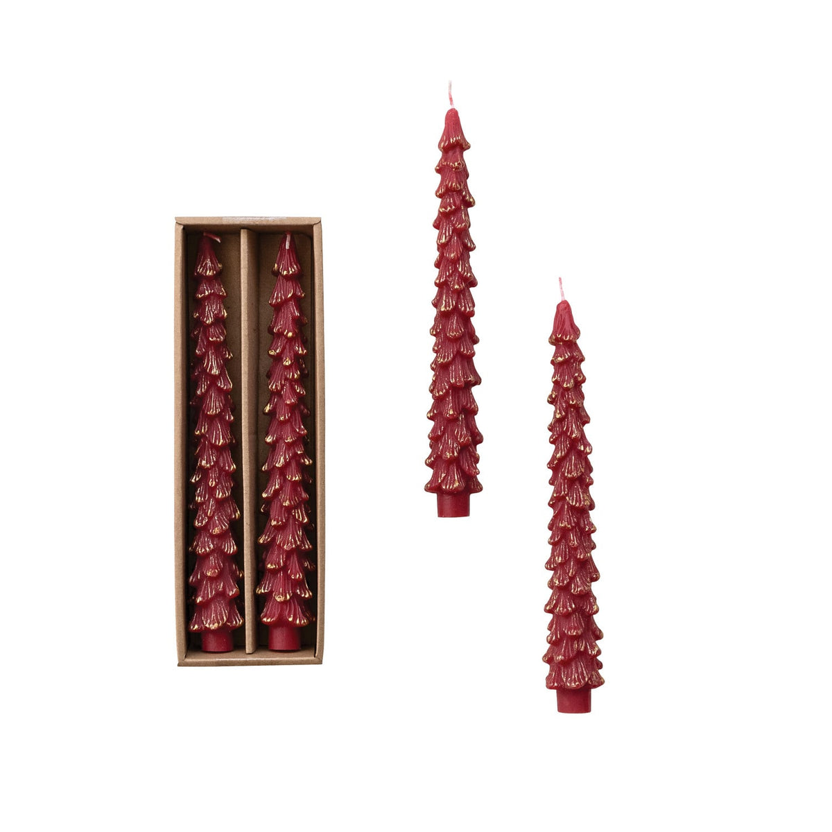 Set of 2 Tree Candles, Burgundy Gold Tipped