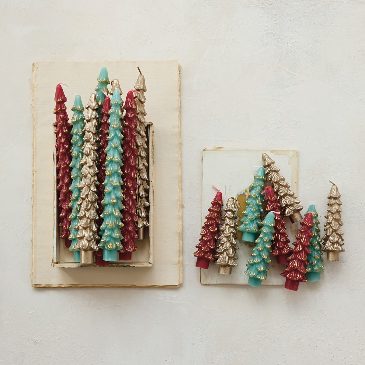 Set of 2 Tree Candles, Burgundy Gold Tipped