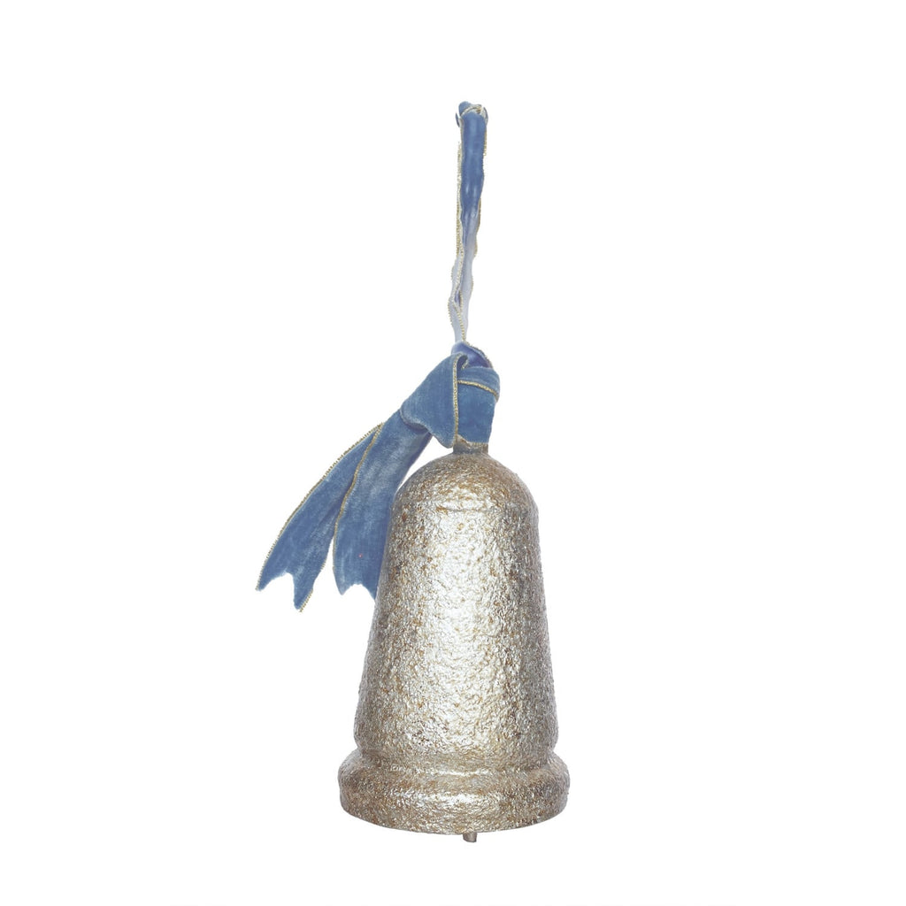 Metal & Wood Bell with Blue Velvet Ribbon, Antique Silver – Small