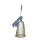 Metal & Wood Bell with Blue Velvet Ribbon, Antique Silver – Small