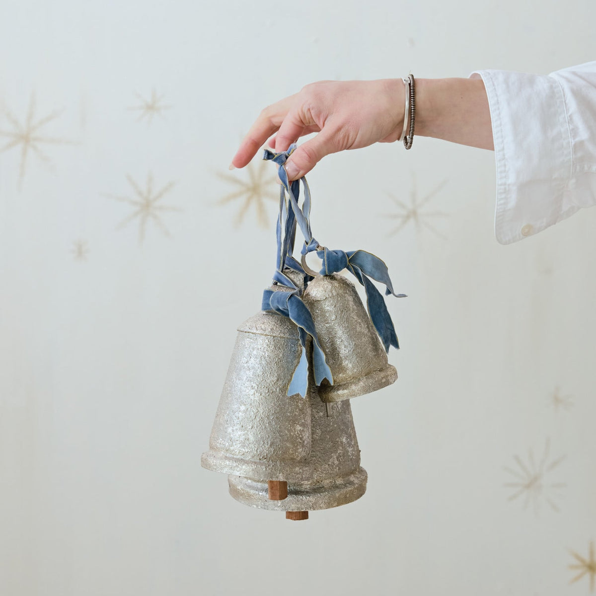Metal & Wood Bell with Blue Velvet Ribbon, Antique Silver – Small