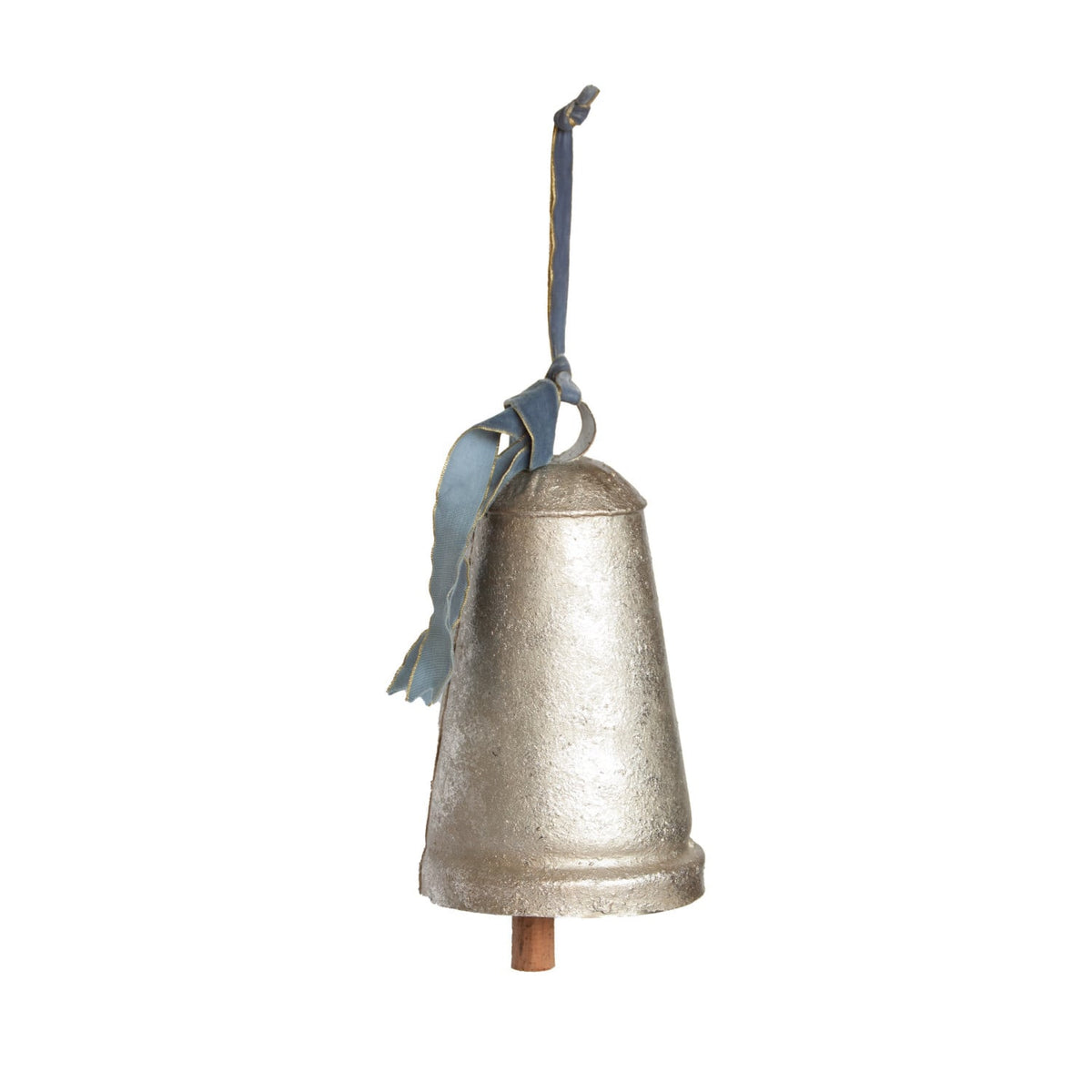 Metal & Wood Bell with Blue Velvet Ribbon, Antique Silver – Large