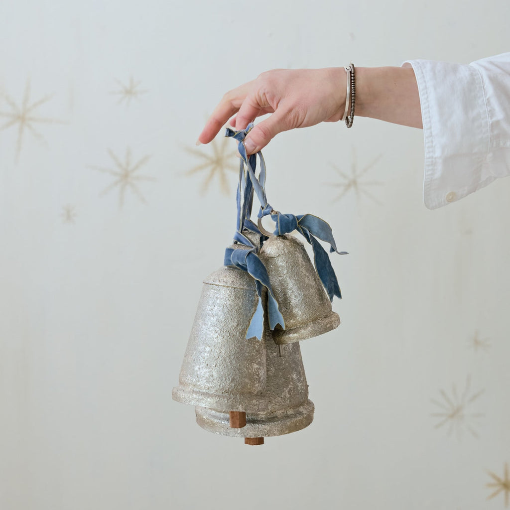 Metal & Wood Bell with Blue Velvet Ribbon, Antique Silver – Large