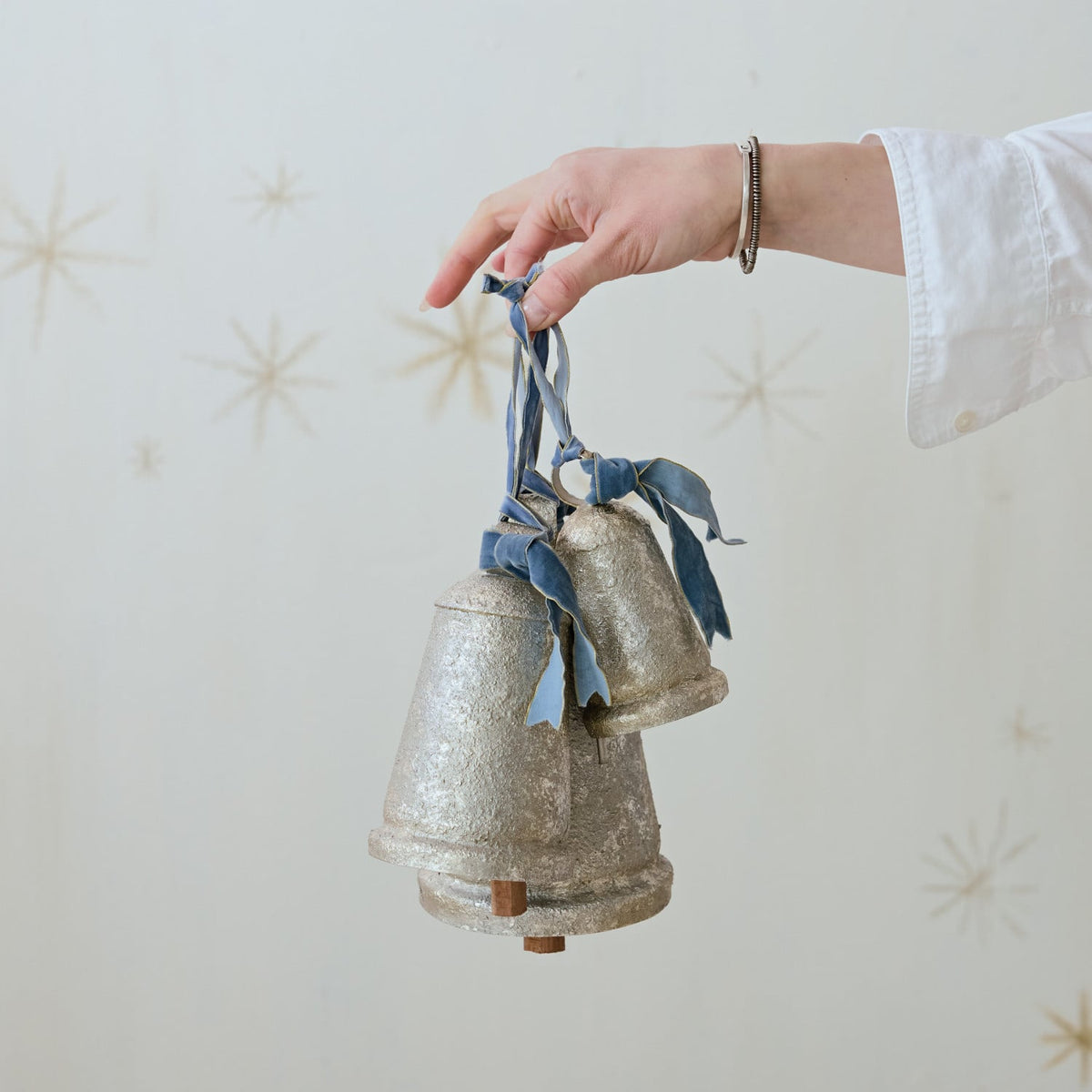 Metal & Wood Bell with Blue Velvet Ribbon, Antique Silver – Large