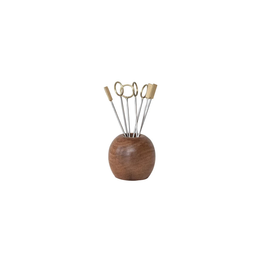 Mango Wood Holder w/ (8) Stainless Steel & Brass Appetizer Picks,