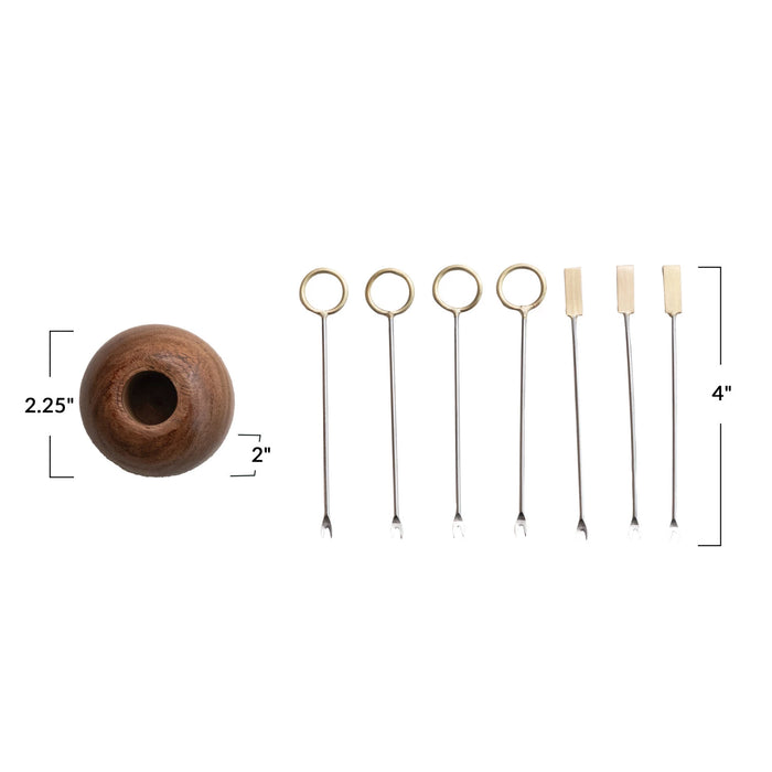 Mango Wood Holder w/ (8) Stainless Steel & Brass Appetizer Picks,