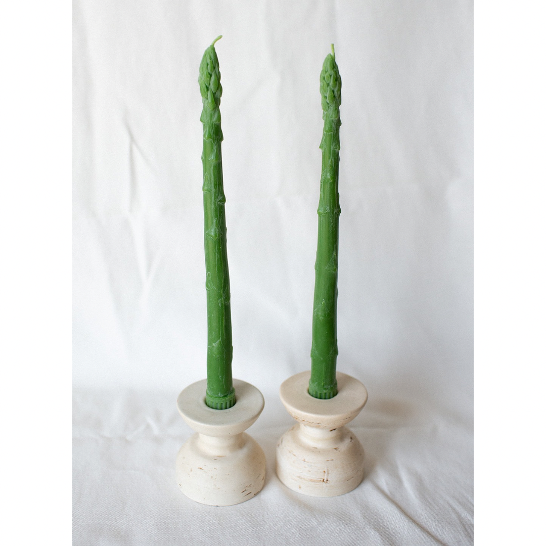 Asparagus Beeswax Candle Taper Pair — detail view