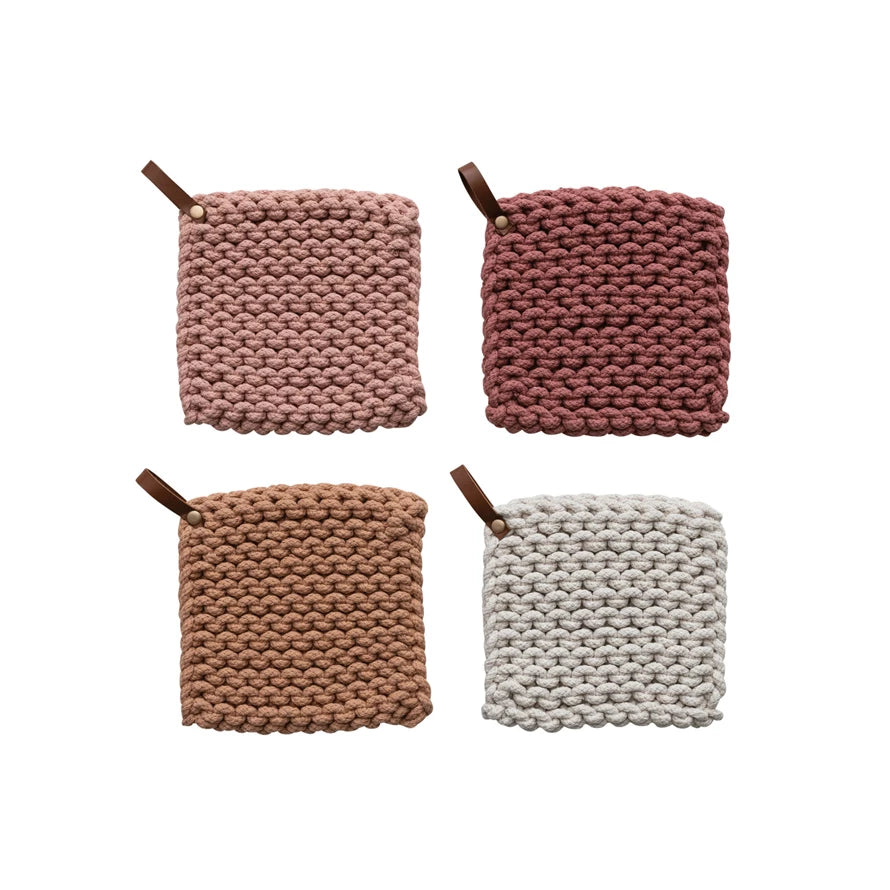 Square Cotton Crocheted Pot Holder with Leather Loop Colors