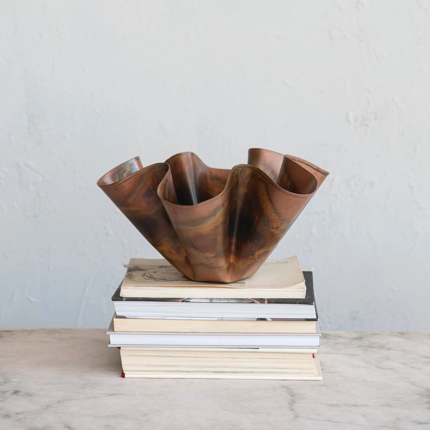 Decorative Metal Ruffled Bowl, Oxidized Copper Finish