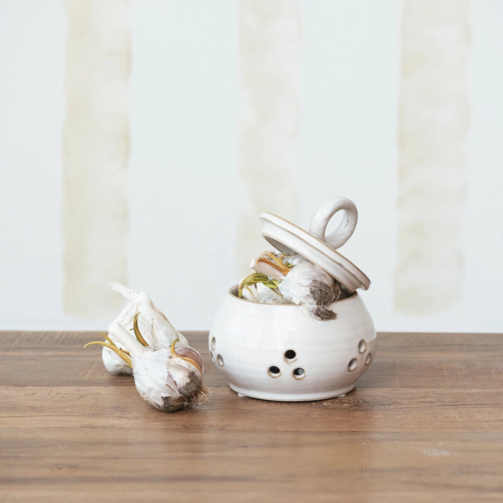 Round Stoneware Garlic Storage Jar with Lid