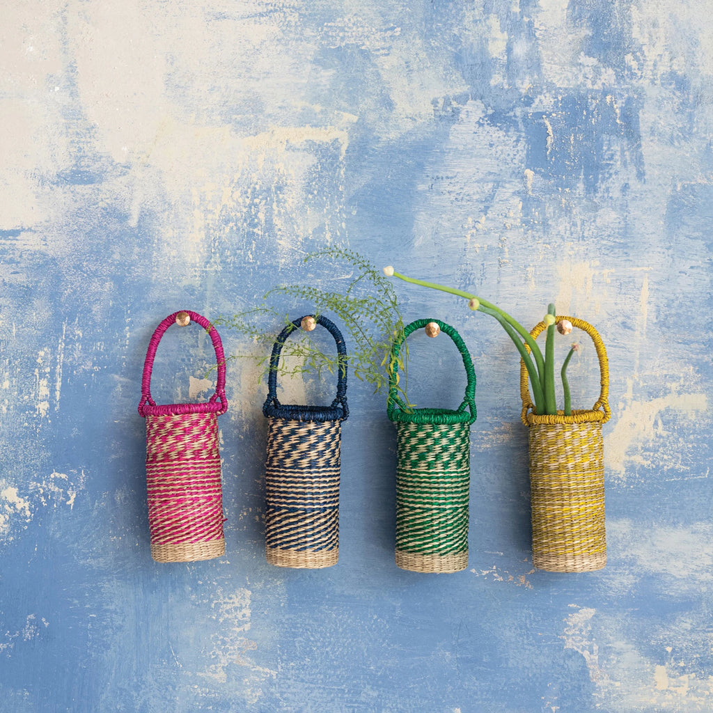 Hand-Woven Seagrass Bottle Basket with Handle — detail view