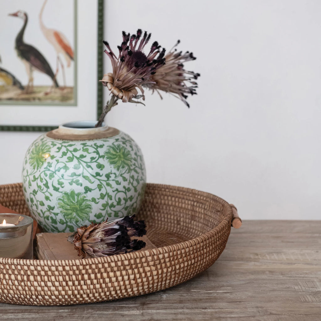 Decorative Woven Rattan Tray with Handles — styled