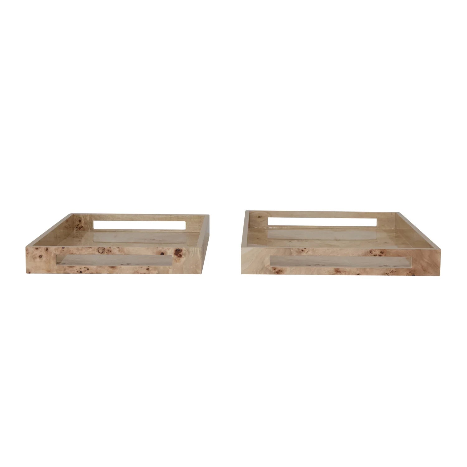 MDF & Burl Wood Veneer Trays w/ Handles, Natural, Set of 2 — styled