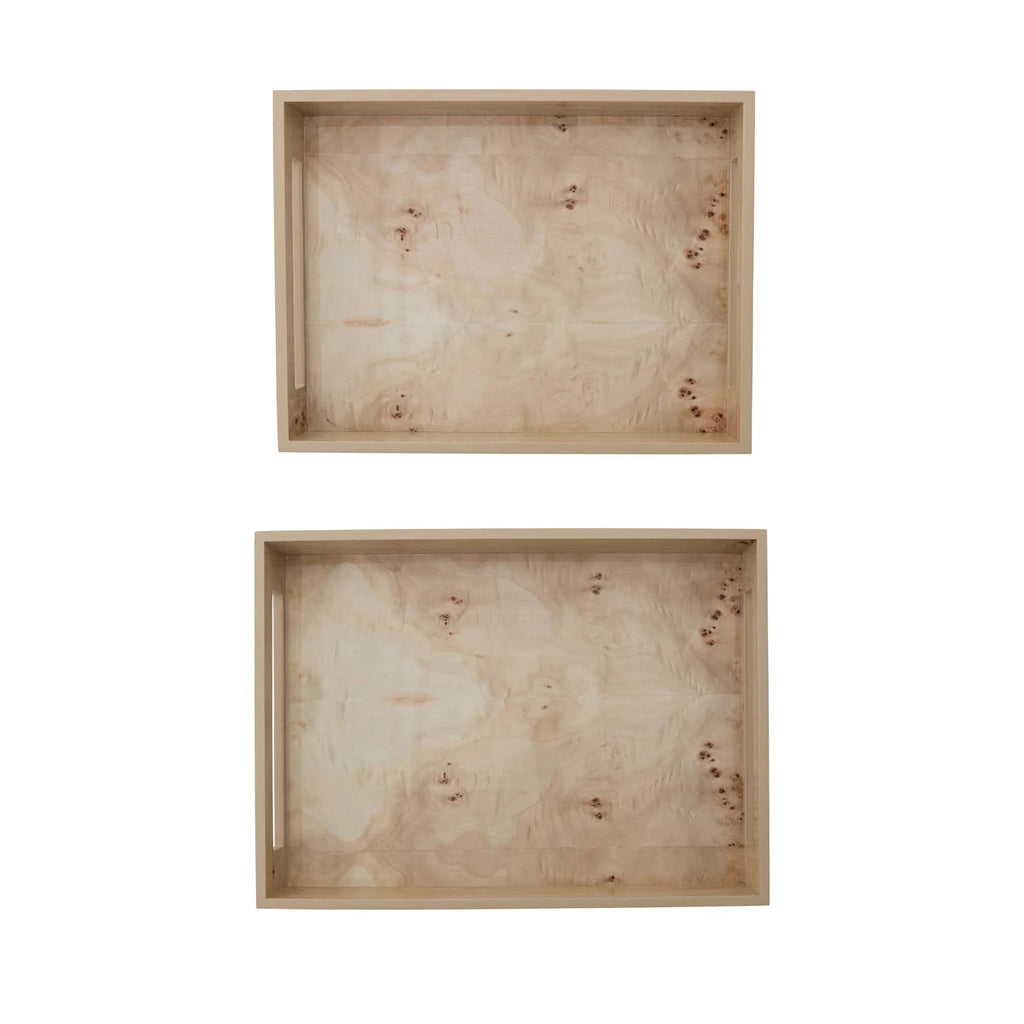 MDF & Burl Wood Veneer Trays w/ Handles, Natural, Set of 2