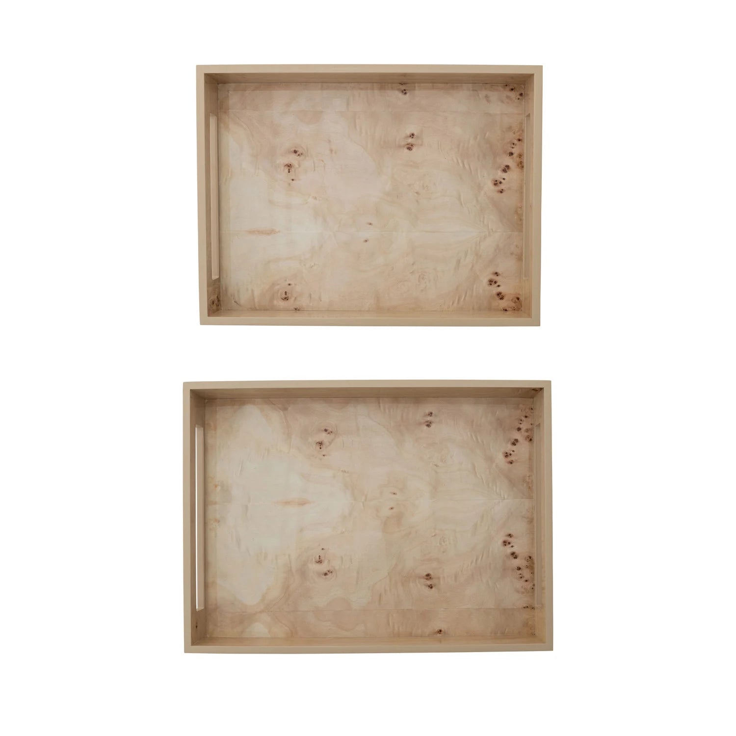 MDF & Burl Wood Veneer Trays w/ Handles, Natural, Set of 2