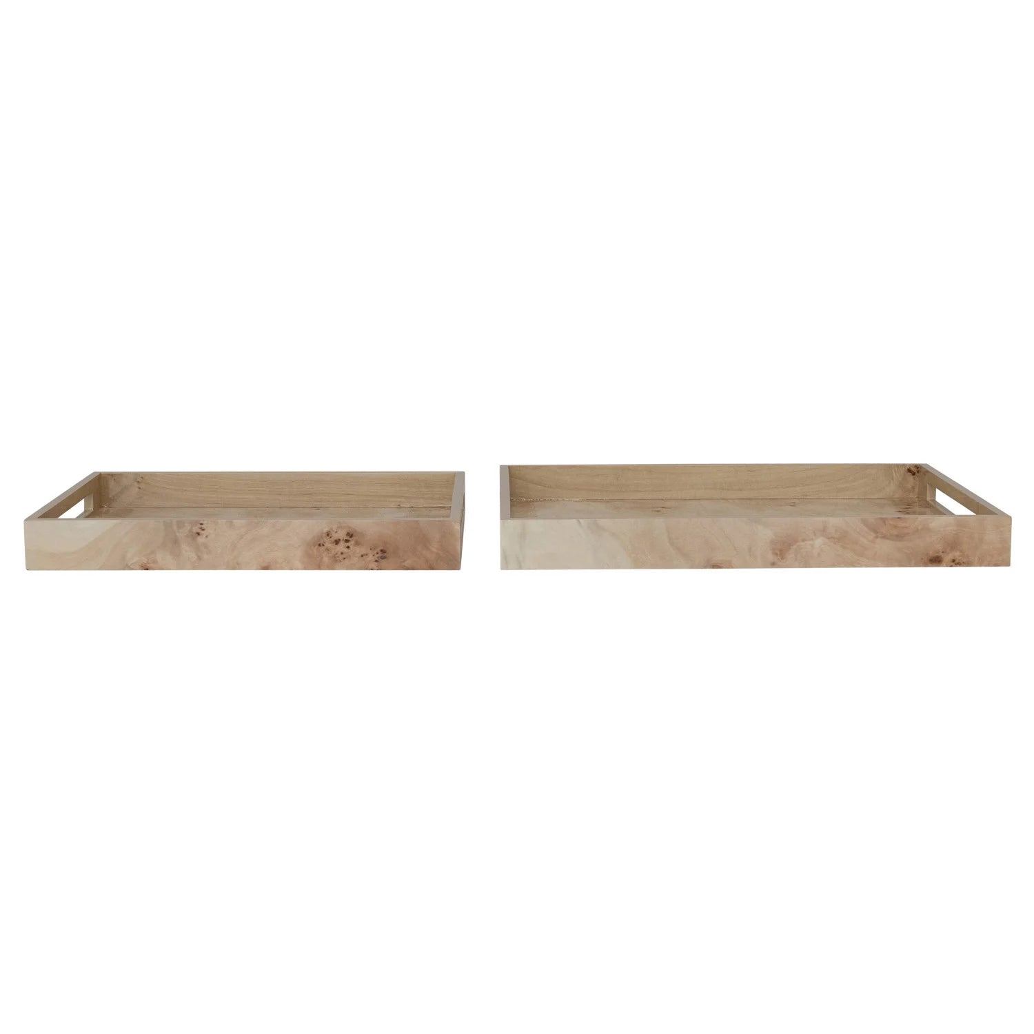 MDF & Burl Wood Veneer Trays w/ Handles, Natural, Set of 2 — detail view