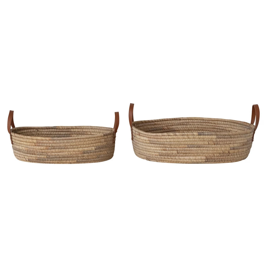 Hand-Woven Seagrass & Water Hyacinth Baskets with Faux Leather Handles, Set of 2