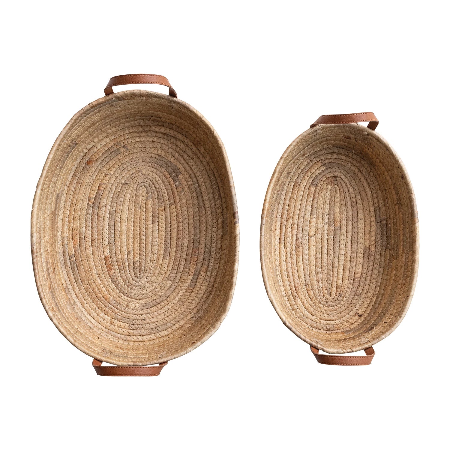Hand-Woven Seagrass & Water Hyacinth Baskets with Faux Leather Handles, Set of 2 — detail view