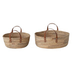 Hand-Woven Seagrass & Water Hyacinth Baskets with Faux Leather Handles, Set of 2 — styled