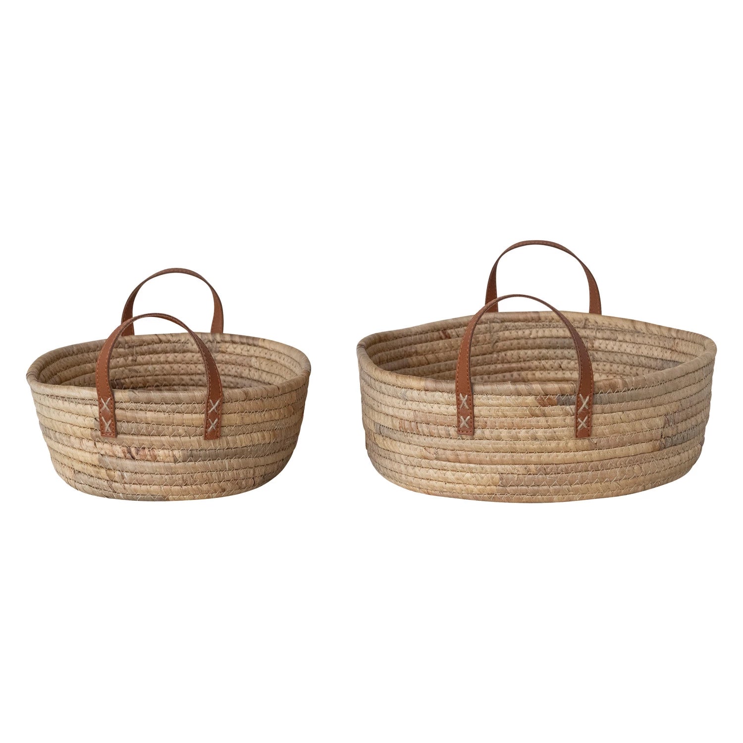 Hand-Woven Seagrass & Water Hyacinth Baskets with Faux Leather Handles, Set of 2 — styled