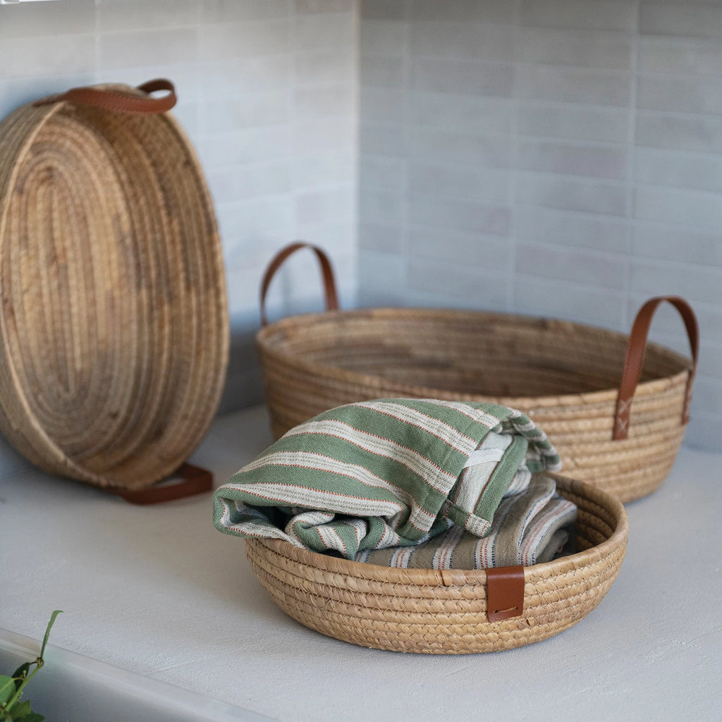 Hand-Woven Seagrass & Water Hyacinth Baskets with Faux Leather Handles, Set of 2 — view 4