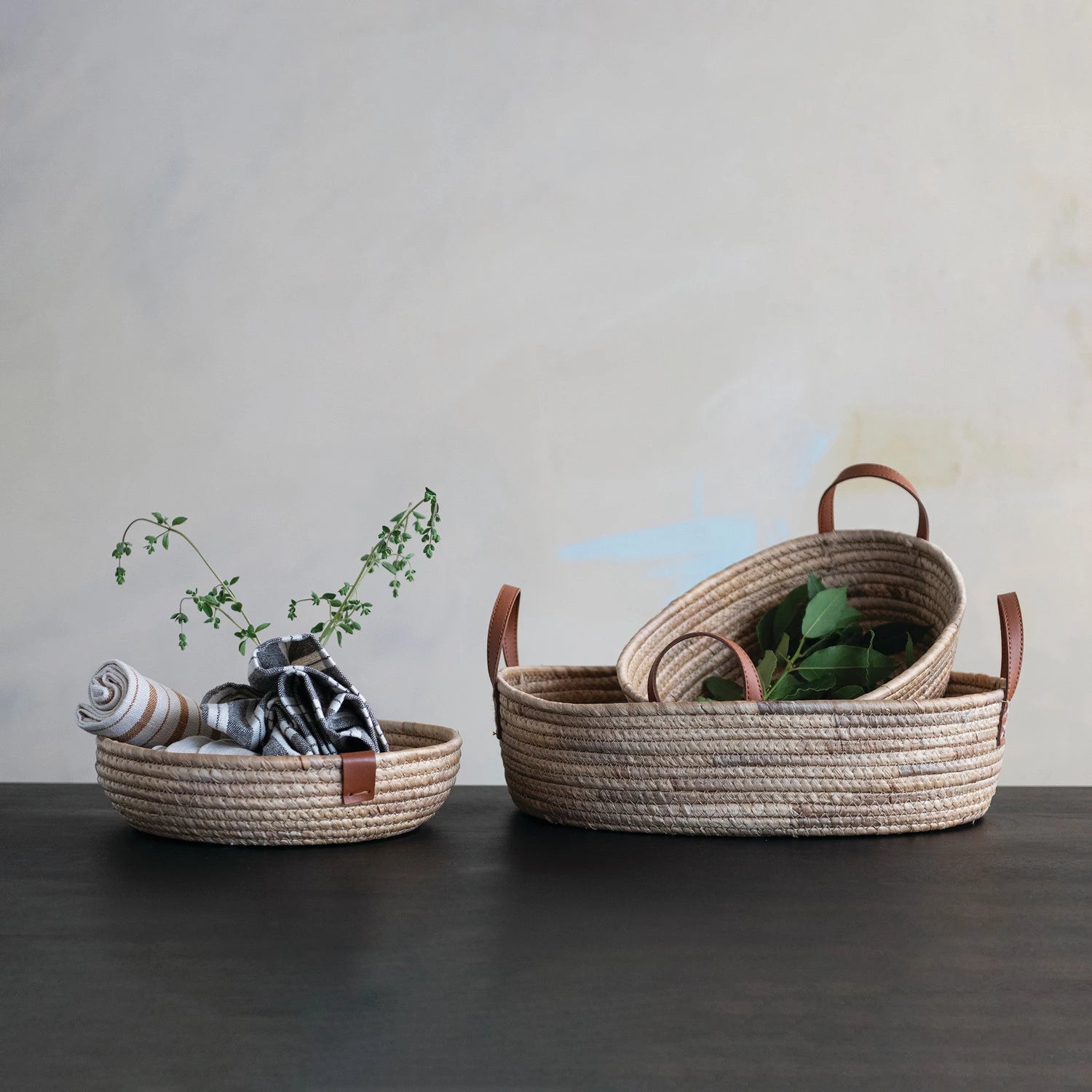 Hand-Woven Seagrass & Water Hyacinth Baskets with Faux Leather Handles, Set of 2 — view 5