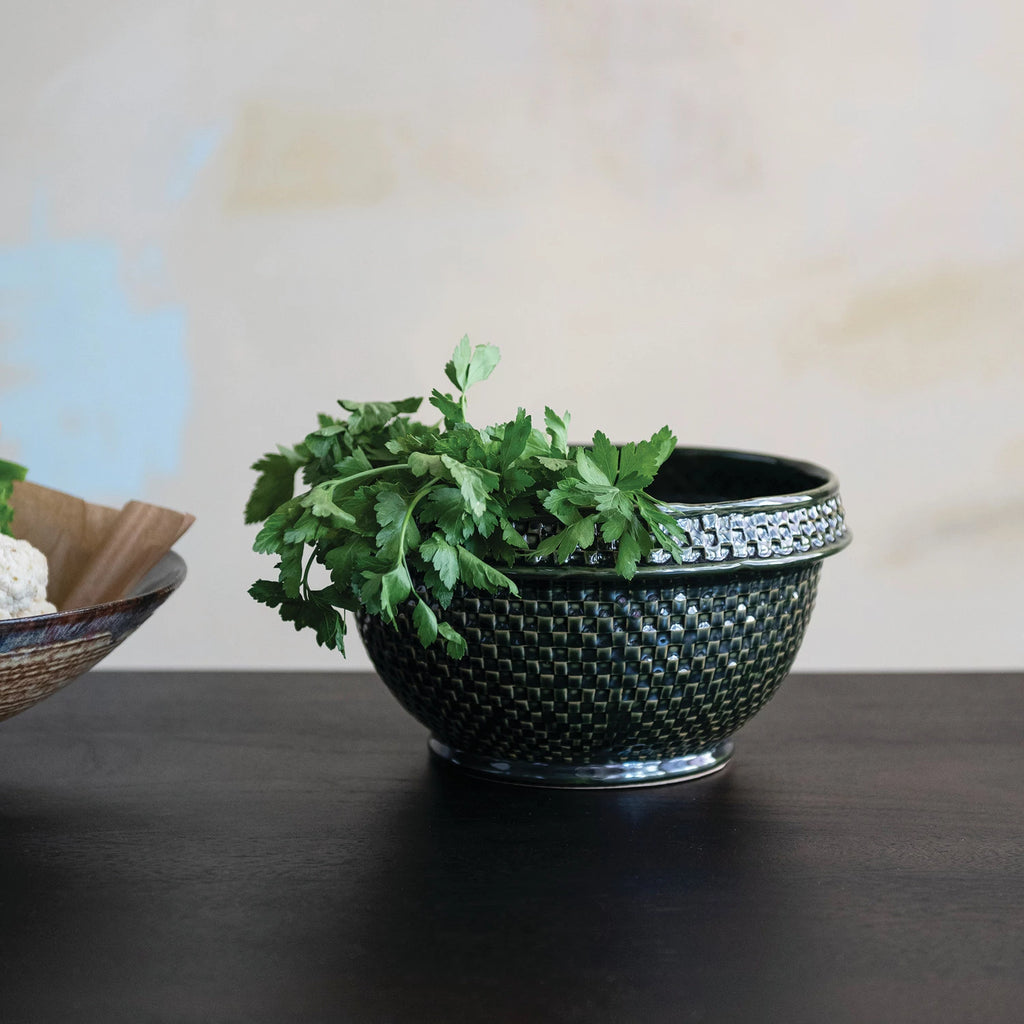 Stoneware Basket Weave Bowl, Green — detail view