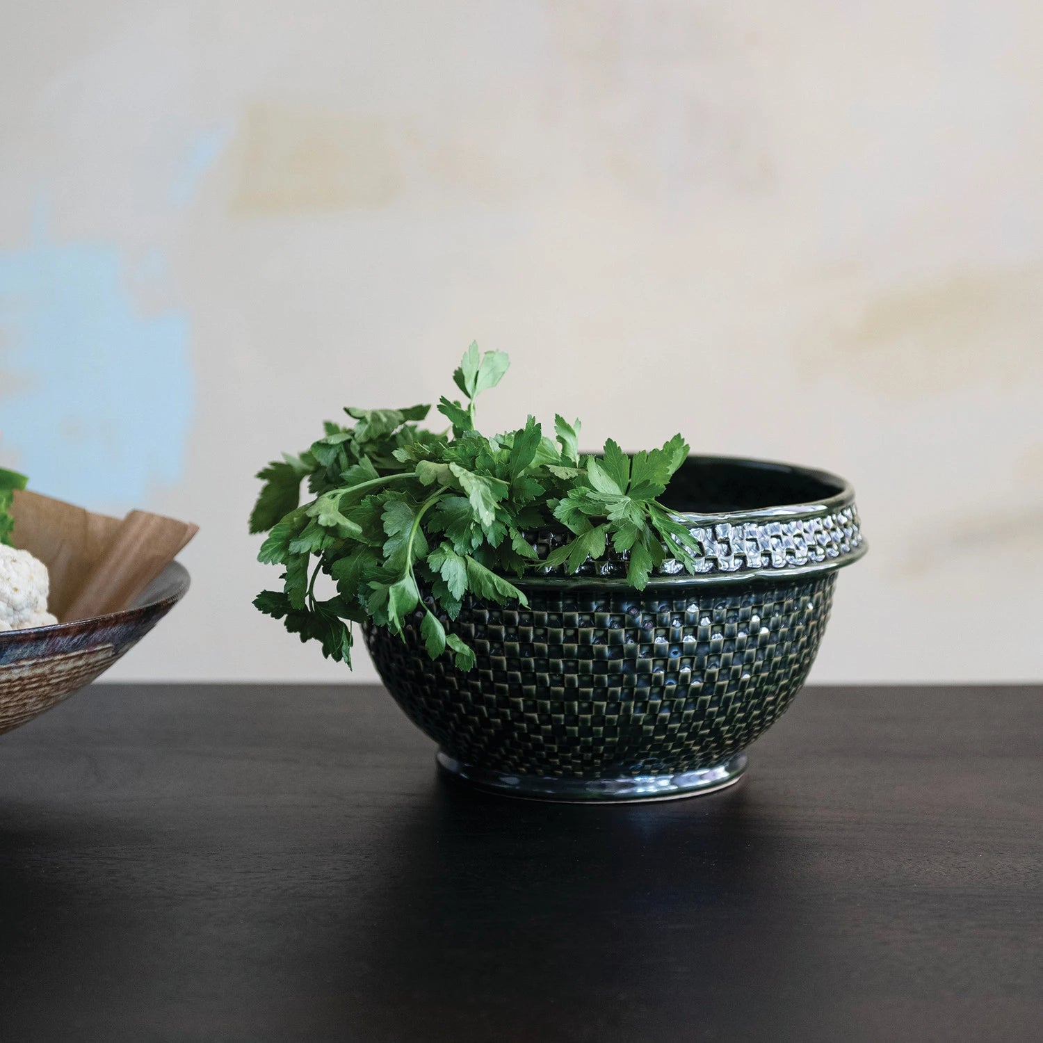 Stoneware Basket Weave Bowl, Green — detail view